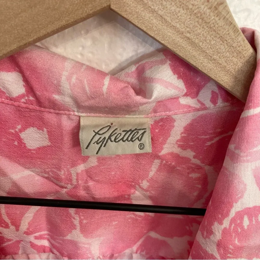 Vintage Pykettes Hawaiian Floral Pink White Button Up Large Tropical